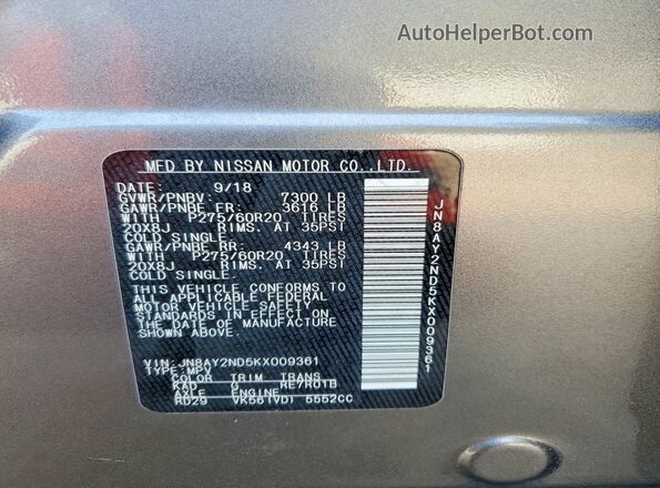 JN8AY2ND5KX009361 2019 NISSAN ARMADA Gray VIN կոդի պիտակի տեսք