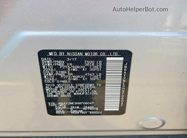 JN8AY2NE3H9706047 2017 NISSAN ARMADA Серебряный Вид наклейки с VIN-кодом