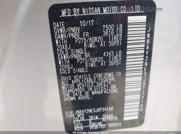 JN8AY2NE3J9734100 2018 NISSAN ARMADA Silver Vista del compartimento del motor