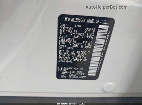JN8AY2NF1H9301801 2017 NISSAN ARMADA White Engine compartment view