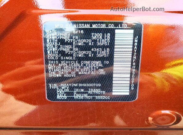 JN8AY2NF8H9300709 2017 NISSAN ARMADA Burgundy Widok naklejki z numerem VIN