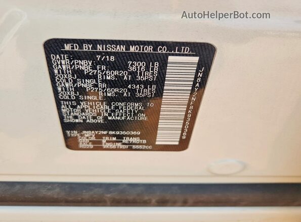 JN8AY2NF8K9350369 2019 NISSAN ARMADA White 360 interior view