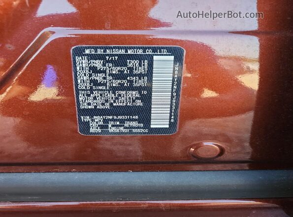JN8AY2NF9J9331148 2018 NISSAN ARMADA Brown VIN կոդի պիտակի տեսք