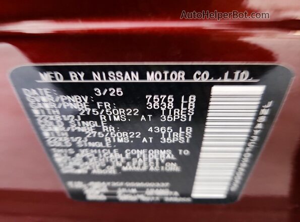 JN8AY3CF0S9500337 2025 NISSAN ARMADA Burgundy Vista de la etiqueta del VIN