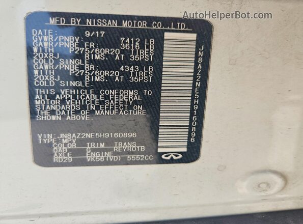 JN8AZ2NE5H9160896 2017 INFINITI QX80 White Widok naklejki z numerem VIN