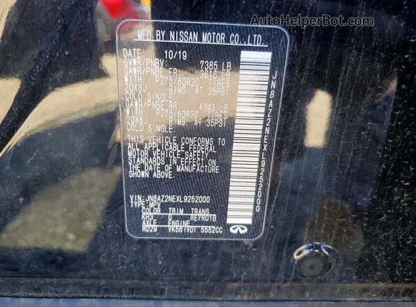 JN8AZ2NEXL9252000 2020 INFINITI QX80 Black Widok naklejki z numerem VIN