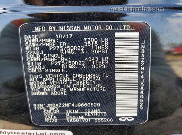 JN8AZ2NF4J9660529 2018 INFINITI QX80 Black VIN sticker view