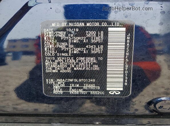 JN8AZ2NF5L9701348 2020 INFINITI QX80 Blue Widok naklejki z numerem VIN