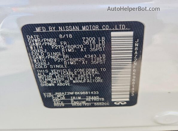 JN8AZ2NF6K9681433 2019 INFINITI QX80 White Вид наклейки з VIN-кодом