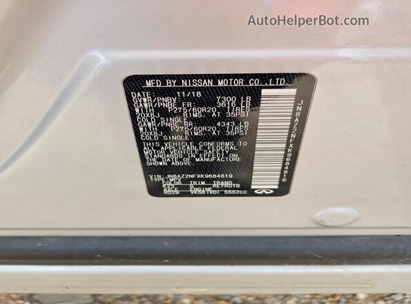 JN8AZ2NFXK9684819 2019 INFINITI QX80 Silver Vista de la etiqueta del VIN