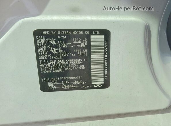 JN8AZ3BA8S9000784 2025 INFINITI QX80 White VIN კოდის სტიკერის ხედი