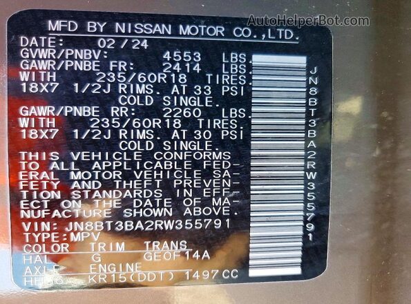 JN8BT3BA2RW355791 2024 NISSAN ROGUE Серый Вид наклейки с VIN-кодом
