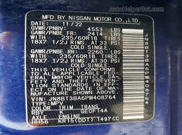 JN8BT3BA6PW408764 2023 NISSAN ROGUE Синий Вид наклейки с VIN-кодом