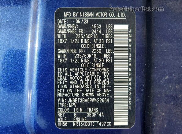 JN8BT3BA6PW422664 2024 NISSAN ROGUE Blue Вид наклейки з VIN-кодом