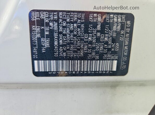 JN8BT3BAXNW043793 2022 NISSAN ROGUE White Вид наклейки з VIN-кодом