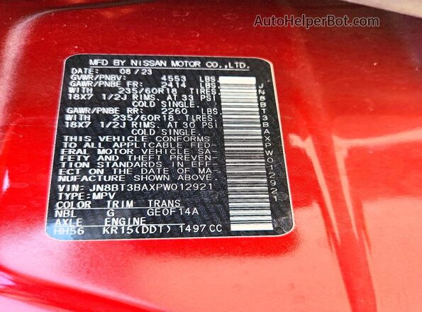 JN8BT3BAXPW012921 2023 NISSAN ROGUE Красный Вид наклейки с VIN-кодом