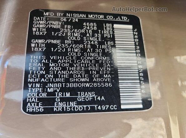 JN8BT3BB0RW285586 2024 NISSAN ROGUE Tan Widok naklejki z numerem VIN