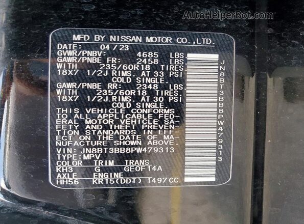 JN8BT3BB8PW479313 2023 NISSAN ROGUE Black VIN კოდის სტიკერის ხედი