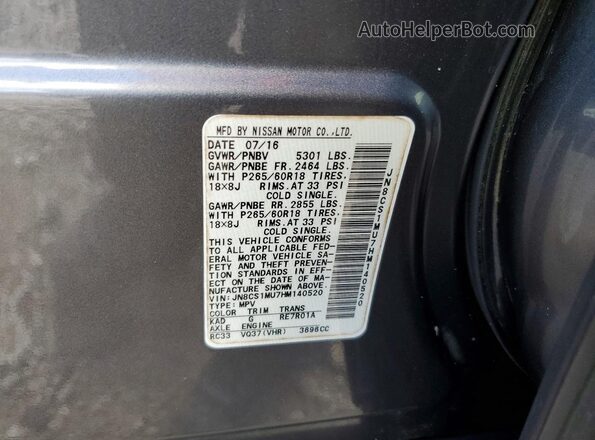 JN8CS1MU7HM140520 2017 INFINITI QX70 Silver Vista de la etiqueta del VIN