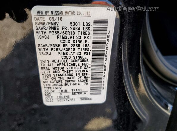 JN8CS1MU7HM141179 2017 INFINITI QX70 Black VIN կոդի պիտակի տեսք