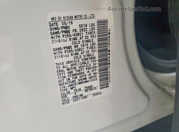 JN8CS1MWXHM410034 2017 INFINITI QX70 White VIN կոդի պիտակի տեսք