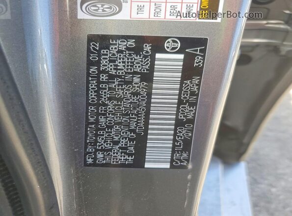 JTDAAAAA5NA004979 2022 TOYOTA MIRAI Gray Widok naklejki z numerem VIN