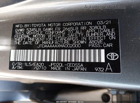 JTDAAAAAXMA002000 2021 TOYOTA MIRAI Gray Vista del compartimento del motor