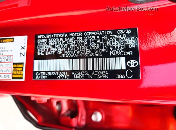 JTDAAAAF4T3049666 2026 TOYOTA CROWN Red VIN կոդի պիտակի տեսք