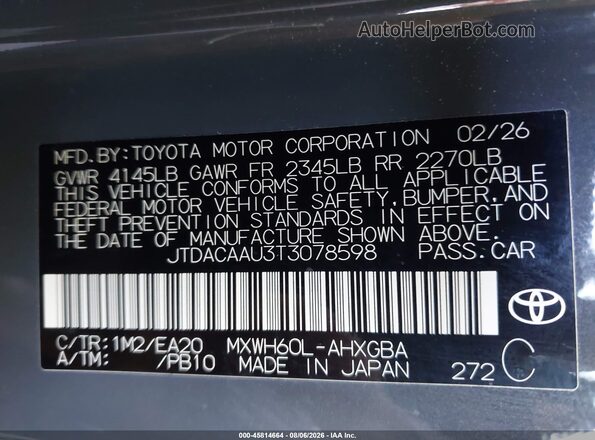 JTDACAAU3T3078598 2026 TOYOTA PRIUS Gray Շարժիչի բաժամունքի տեսք