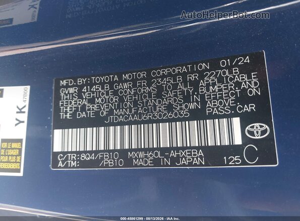 JTDACAAU6R3026035 2024 TOYOTA PRIUS Blue Vista del compartimento del motor