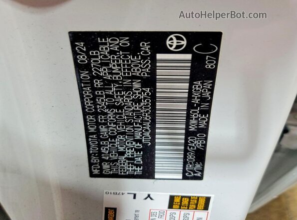 JTDACAAU6R3035754 2024 TOYOTA PRIUS White Widok naklejki z numerem VIN