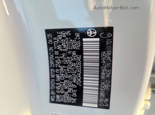 JTDACAAU6S3060482 2025 TOYOTA PRIUS White Շարժիչի բաժամունքի տեսք