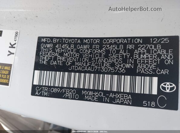 JTDACAAU7T3075736 2026 TOYOTA PRIUS White Вид підкапотного простору