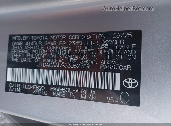 JTDACAAU9S3062789 2025 TOYOTA PRIUS Серебряный Вид подкапотного пространства