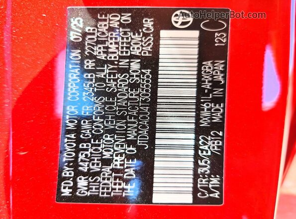 JTDACACU4T3055554 2026 TOYOTA PRIUS Red Vista de la etiqueta del VIN