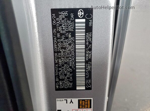 JTDACACU6R3025125 2024 TOYOTA PRIUS Silver Widok naklejki z numerem VIN