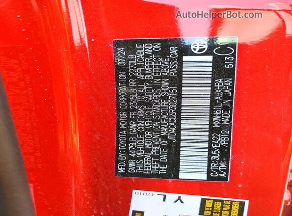 JTDACACU6R3027151 2024 TOYOTA PRIUS Red Vista de la etiqueta del VIN