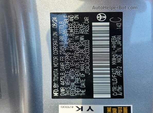 JTDACACU6R3030003 2024 TOYOTA PRIUS Silver Vista de la etiqueta del VIN