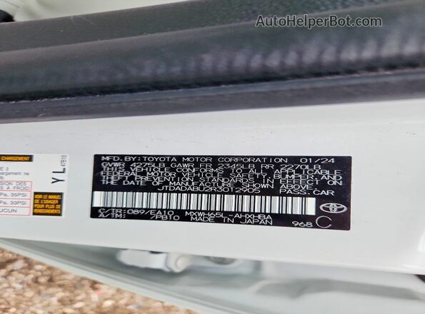 JTDADABU2R3012905 2024 TOYOTA PRIUS White VIN կոդի պիտակի տեսք