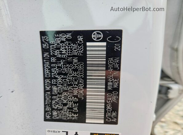 JTDADABU6P3003850 2023 TOYOTA PRIUS White Vista de la etiqueta del VIN