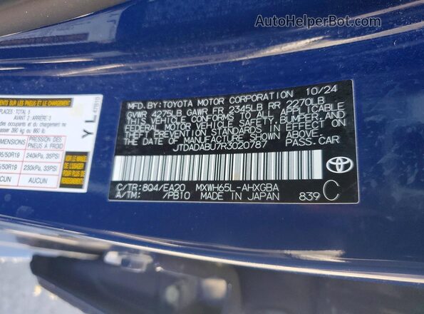 JTDADABU7R3020787 2024 TOYOTA PRIUS Blue Engine compartment view