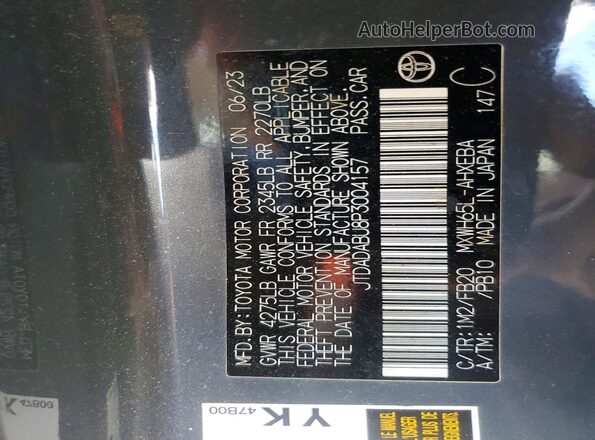 JTDADABU8P3004157 2023 TOYOTA PRIUS Серый Вид наклейки с VIN-кодом