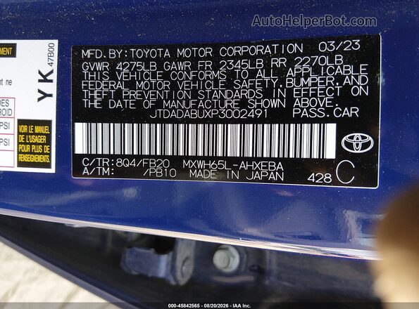 JTDADABUXP3002491 2023 TOYOTA PRIUS Blue Vista del compartimento del motor