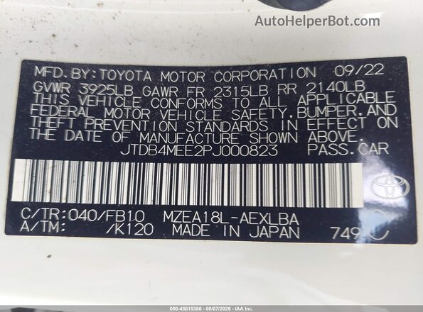 JTDB4MEE2PJ000823 2023 TOYOTA COROLLA White Вид підкапотного простору
