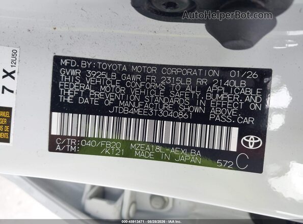 JTDB4MEE3T3040861 2026 TOYOTA COROLLA White Widok komory silnika