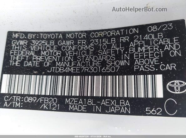 JTDB4MEE7R3016507 2024 TOYOTA COROLLA White ძრავის განყოფილების ხედი