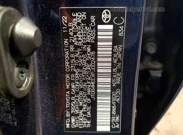 JTDB4MEEXPJ002478 2023 TOYOTA COROLLA Blue Widok naklejki z numerem VIN