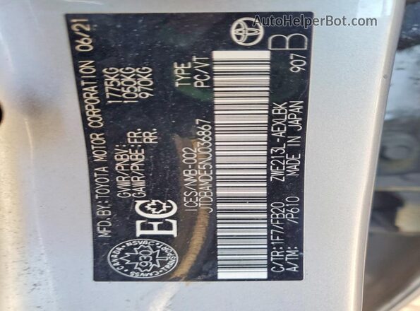 JTDBAMDE5NJ036867 2022 TOYOTA COROLLA Серебряный Вид наклейки с VIN-кодом