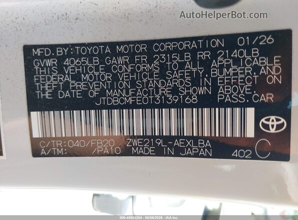 JTDBCMFE0T3139168 2026 TOYOTA COROLLA HYBRID White Вид підкапотного простору