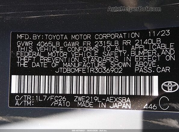 JTDBCMFE1R3036902 2024 TOYOTA COROLLA Gray Vista del compartimento del motor